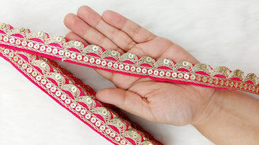 Art Silk Fabric Trim With Gold Embroidery, Scallop Sequins Sari Border, Trim By 3 Yards
